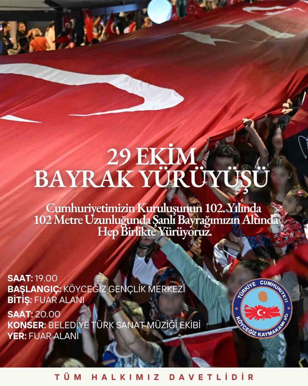 Köyceğiz’de vatandaşlar 29 Ekim Bayrak yürüyüşüne davet edildi Muğla’nın Köyceğiz ilçesinde 29 Ekim Cumhuriyet Bayramı kutlamaları çerçevesinde bayrak