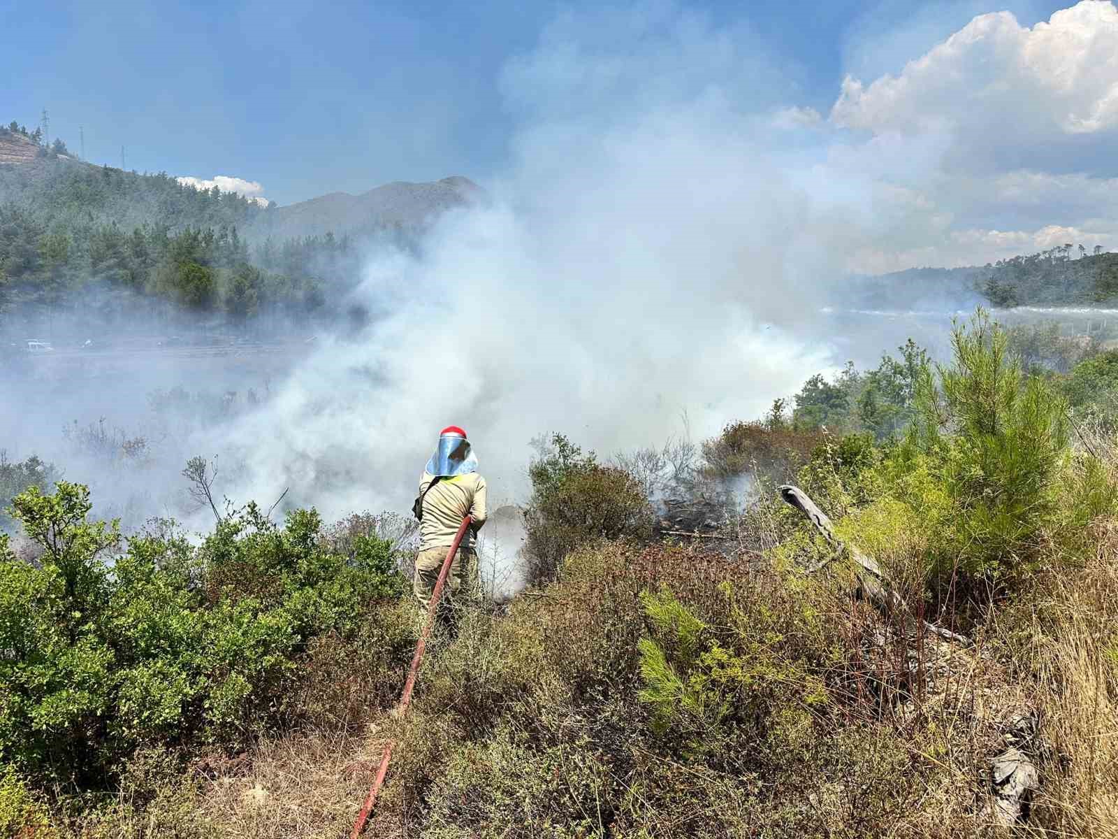 Muğla’nın Marmaris ilçesinde yol kenarında çıkan yangın kısa sürede yayılarak