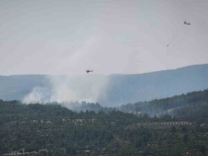Muğla’nın Menteşe ilçesinde ormanlık bölgede çıkan yangını söndürme çalışmaları havadan